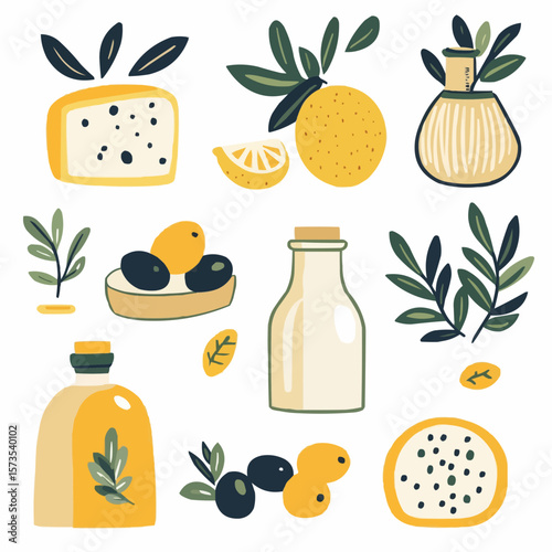 Naive cartoon set with olives, lemon, cheese and herbs, designed for greeting cards, packaging, wall art and printable projects