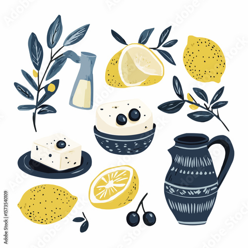 Naive Greek food and kitchen set with olives, cheese, herbs and lemons, perfect for eco-friendly packaging, nursery wall art and cheerful prints