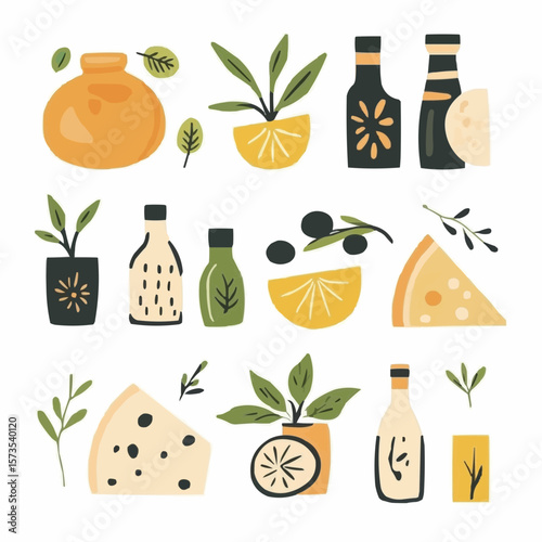 Flat naive Greek food elements with olives, cheese, lemon and herbs, perfect for eco-friendly packaging, nursery decor and cheerful printable cards