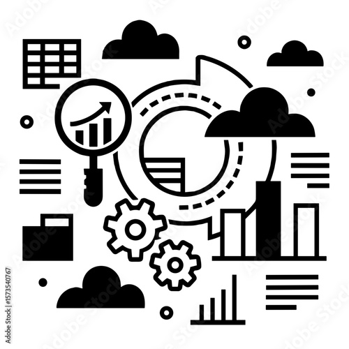 Business analytics and data analysis icons, flat infographic style, in black and white, representing statistics, growth and cloud computing