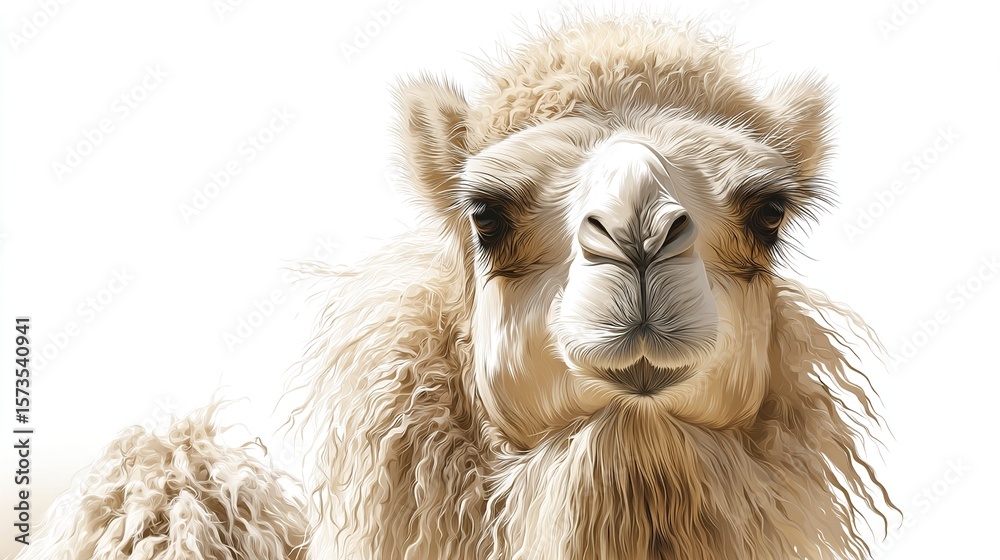 Fototapeta premium Close-up of a light beige camel's head and neck, fluffy fur, facing forward, against a white background