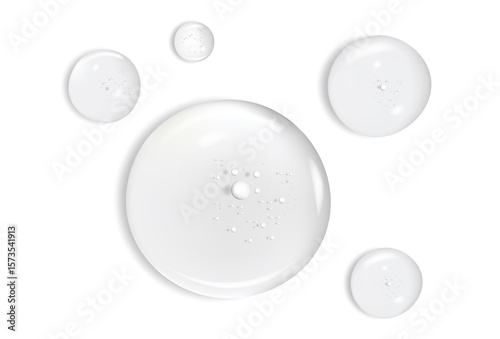 Water serum texture. Liquid gel drops. Clear  cosmetic oil with bubbles circle set isolated