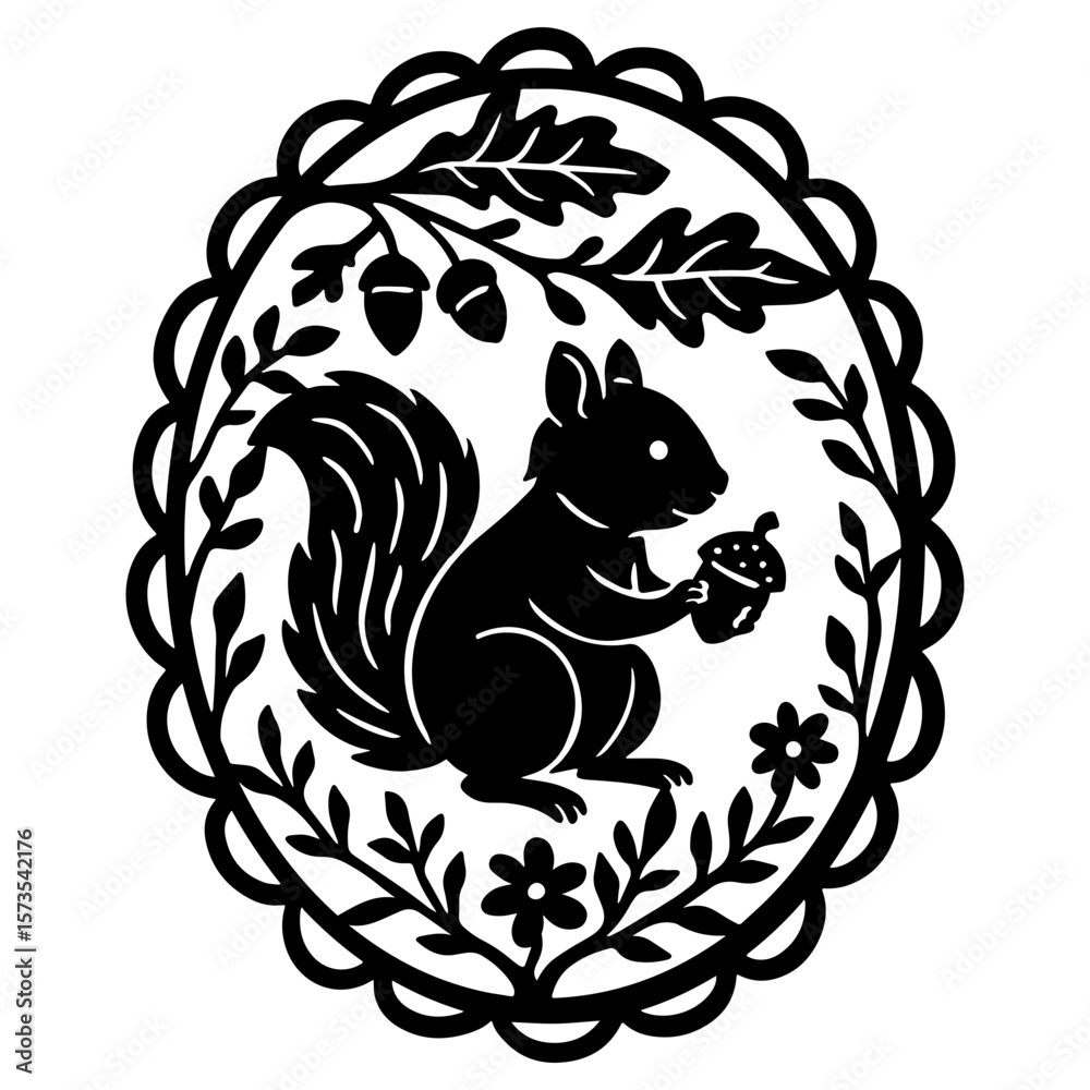 Obraz premium Bear playing accordion in floral oval frame. Black and white silhouette in papercut stencil style with musical forest theme.