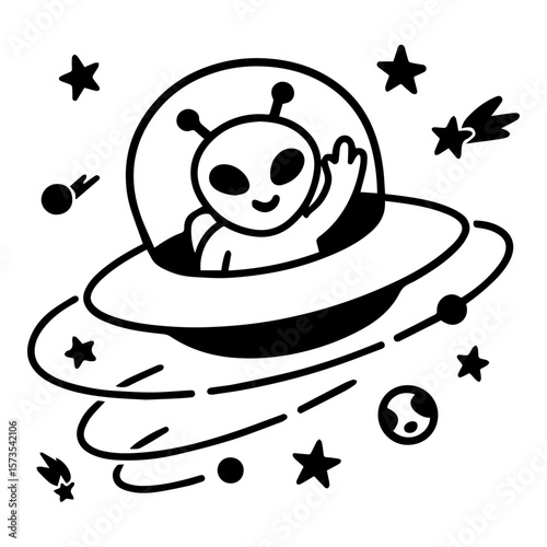 Smiling alien waving from spaceship surrounded by stars and comets. Black and white minimal cartoon line art with space theme.