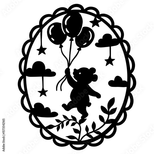 Bear holding balloons and floating among clouds and stars in oval floral frame. Black and white silhouette in stencil papercut style.