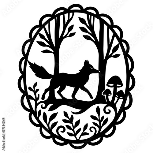 Fox riding a scooter with scarf in floral oval frame. Black and white silhouette in stencil style, perfect for papercut or laser cut.