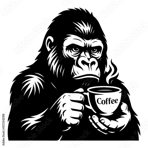 Serious gorilla holding a coffee mug. Black and white vector illustration with strong lines and bold expression.