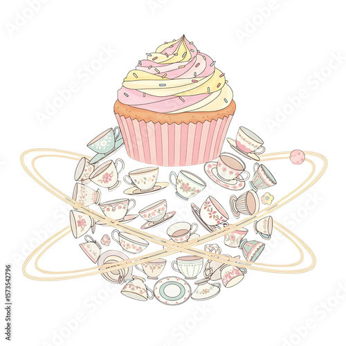 Cupcake Planet Illustration with Teacups