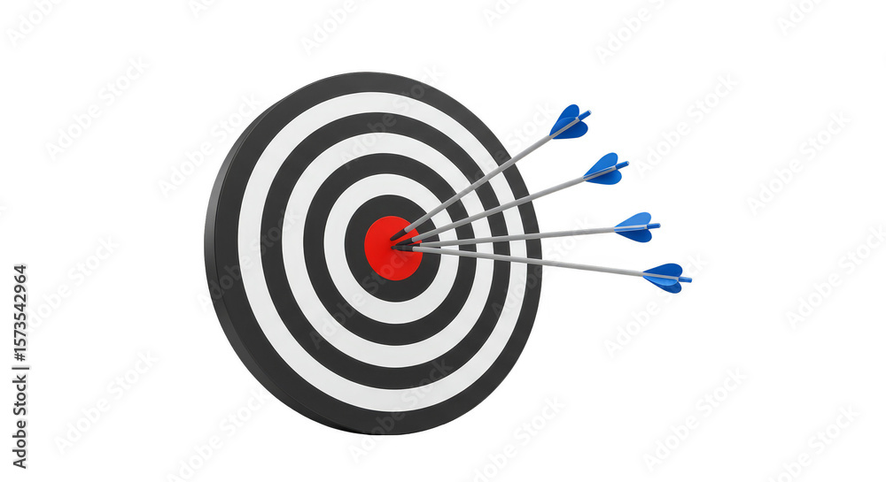 Realistic 3D Rendering of Dartboard with Arrows Hitting Bullseye on Black Realistic 3D Rendering of Dartboard with Arrows Hitting Bullseye on Black