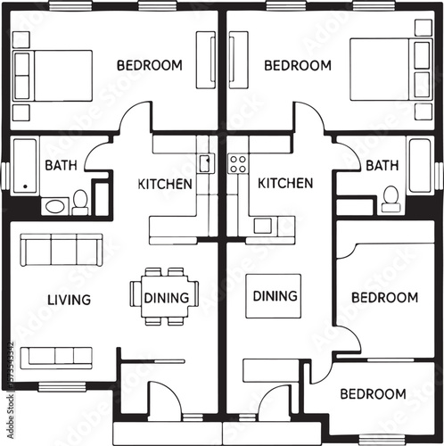 2D Floor Plan Two Unit House Design 40x50 Feet Black and White Layout Idea