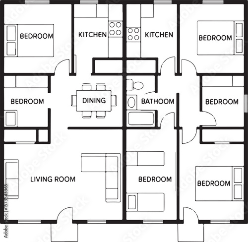 2D Floor Plan Two Unit House Design 40x50 Feet Black and White Layout Idea