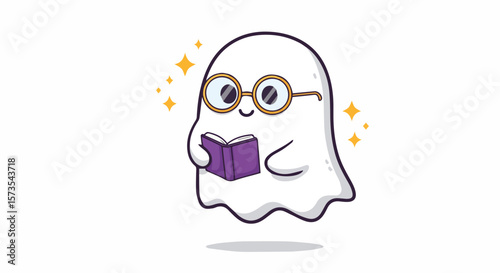 Cute Ghost Character Wearing Glasses and Reading a Book

