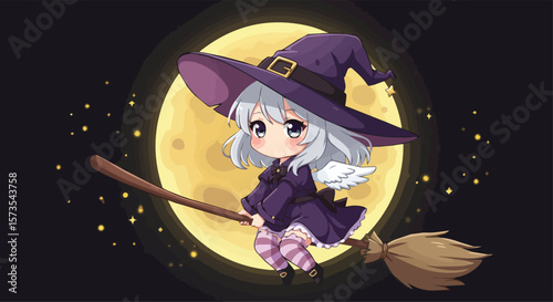 Cute Cartoon Witch Girl Flying on Broomstick with Full Moon Halloween Background