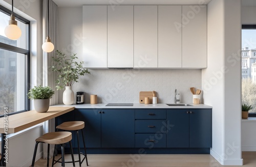 Compact modern kitchen with navy blue and white cabinetry, corner perspective interior photo for small apartment design stock