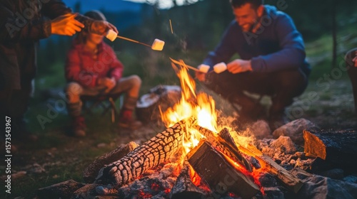 Family roasting marshmallows around a campfire at night.