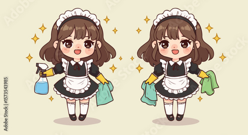 Cute Cartoon Maid Character Set with Cleaning Supplies and Sparkle Effects