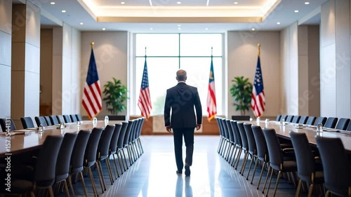 The Path to Power: A lone figure walks in a meeting room towards the future