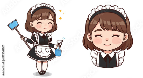 Cute Cartoon Maid Character Set with Cleaning Supplies and Sparkle Effects