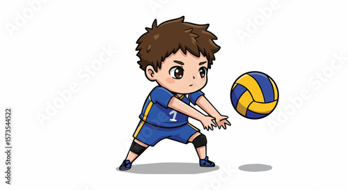 Cute Cartoon Volleyball Player Boy Character in Blue Uniform Holding Ball