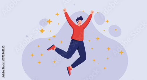 Happy Young Man Jumping with Joy and Sparkles

