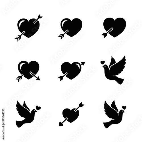 Love Icons Set Heart Arrow and Dove Symbols