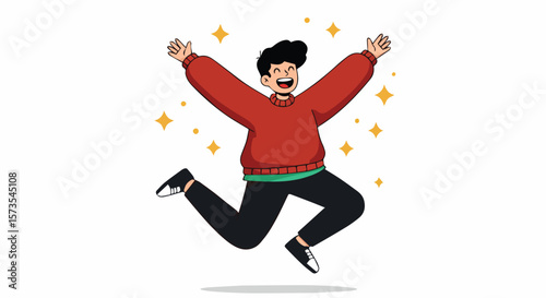 Happy Young Man Jumping with Joy and Sparkles

