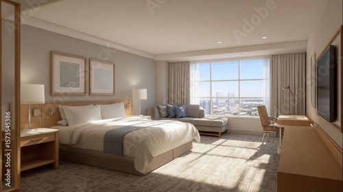 Clean, bright hotel room with simple furnishings and soft morning sunlight