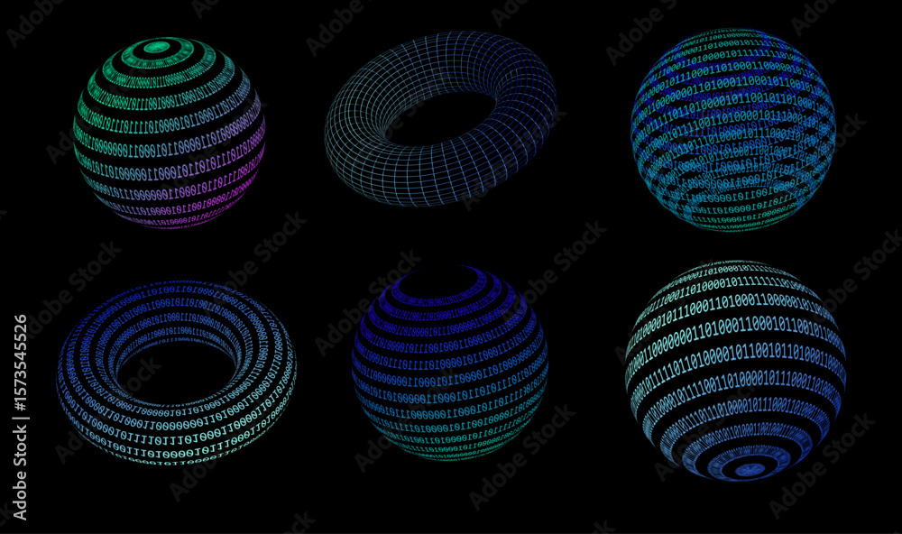 Fototapeta premium Vector illustration in a digital cyber style features six 3D spheres and torus shapes with glowing wireframes and binary code. Main colors include neon blue, green, and purple on a black background.