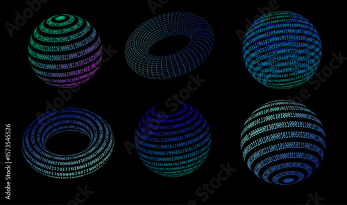 Vector illustration in a digital cyber style features six 3D spheres and torus shapes with glowing wireframes and binary code. Main colors include neon blue, green, and purple on a black background.