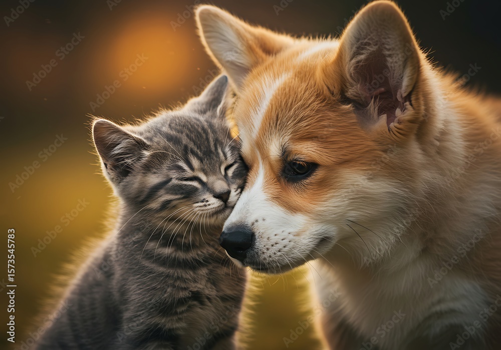 Fototapeta premium Adorable Kitten and Puppy Embrace Outdoors. Generative Ai