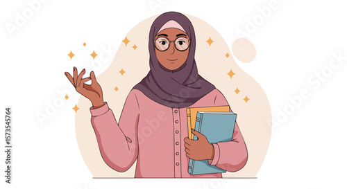 Young Muslim Woman in Hijab Holding Book and Making OK Hand Gesture
