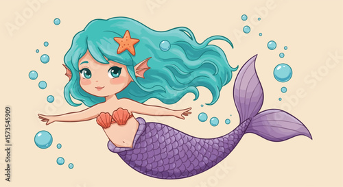 Beautiful Mermaid with Turquoise Hair Swimming Underwater