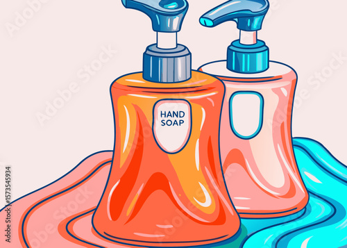 Hand Soap Bottle Illustration with Colorful Liquid Background for Personal Care Blogs, Hygiene Websites, Product Catalogs, and Eco-Friendly Awareness Campaigns  
