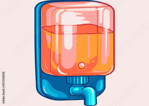 Water Dispenser with Orange Water in Retro Style for Beverage Blogs, Office Refreshment, Health Awareness, Home Decor, and Creative Illustrations  