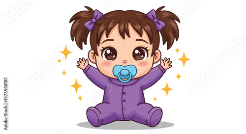 Cute Baby Girl with Pacifier in Purple Pajamas