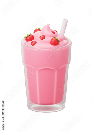 3d Pink Strawberry Milkshake Drink with Straw Transparent Background