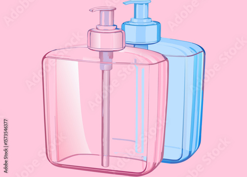 Colorful Plastic Soap Dispensers in Pink and Blue for Product Design, Spa Websites, Beauty Blogs, Home Decor, and Lifestyle Content  