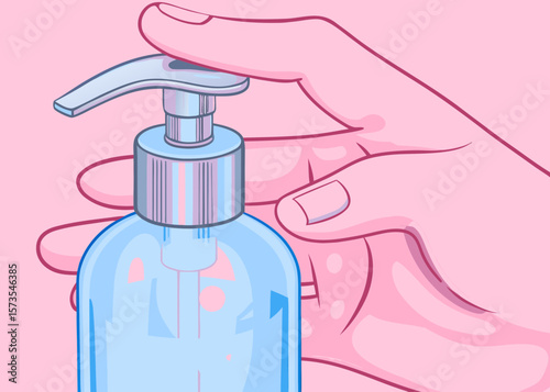 Hand Using Pump Dispenser Bottle for Cosmetic Products on Pink Background for Beauty Blogs, Skincare Websites, Health Awareness, and Product Marketing  