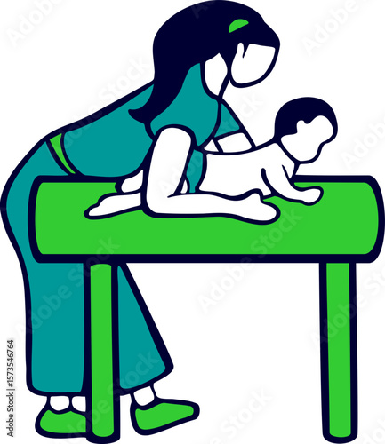 Ilustración de fisioterapeuta con un bebe sobre una camilla