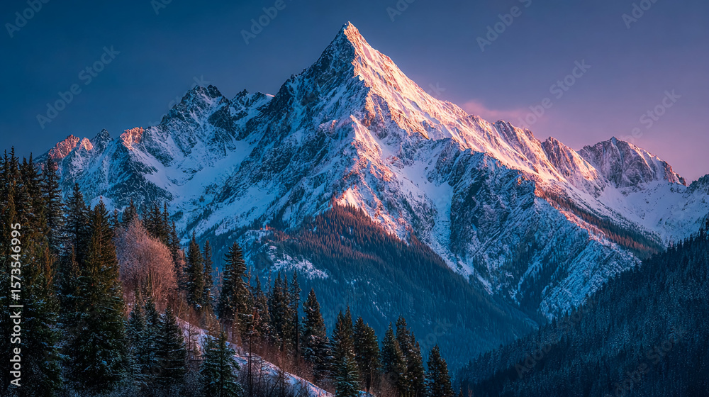 Obraz premium Sunrise paints snowy mountain peaks above the evergreen forest. Concept: adventure, travel, serenity. For web, marketing, design, print.