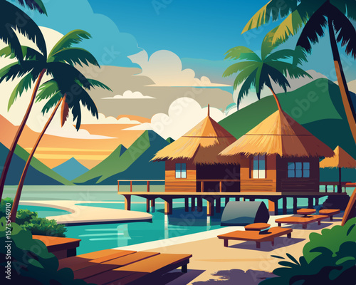 colorful illustration of a caribbean beachfront resort with thatched roofs