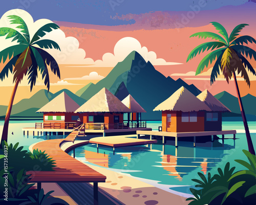 colorful illustration of a caribbean beachfront resort with thatched roofs