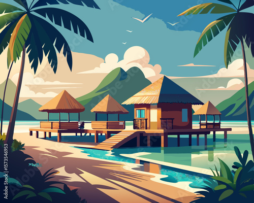 colorful illustration of a caribbean beachfront resort with thatched roofs