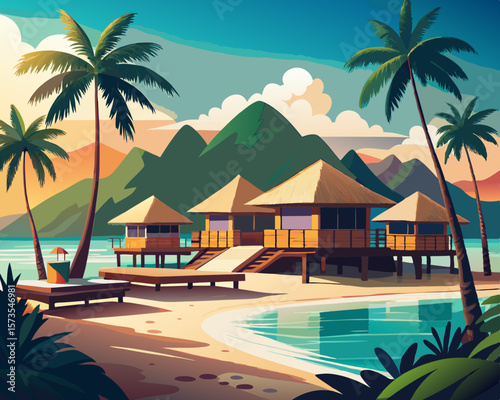 colorful illustration of a caribbean beachfront resort with thatched roofs