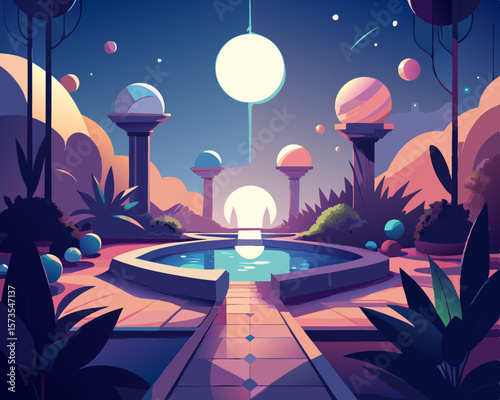 colorful illustration of a celestial garden with floating orbs of light