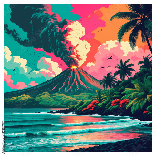 Luminous Tropical Volcano Fiery Eruption by the Reflective Sea