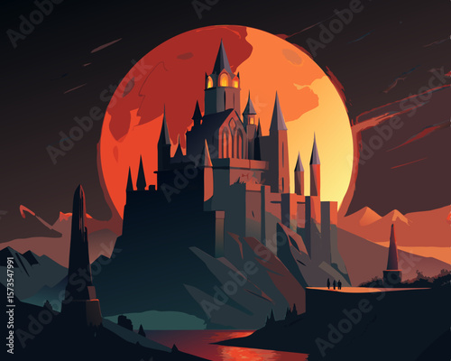 colorful illustration of a dark castle with glowing windows under a blood full moon