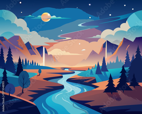 colorful illustration of a dreamlike landscape where rivers flow upward into the horizon