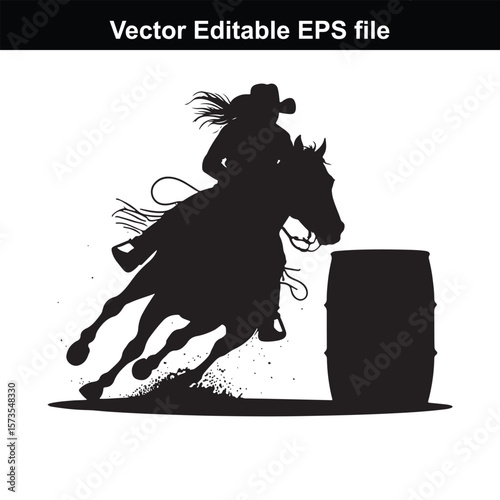 Silhouette of Barrel Racing Featuring a Horse and Rider Approaching a Barrel in an Equestrian Competition Scene