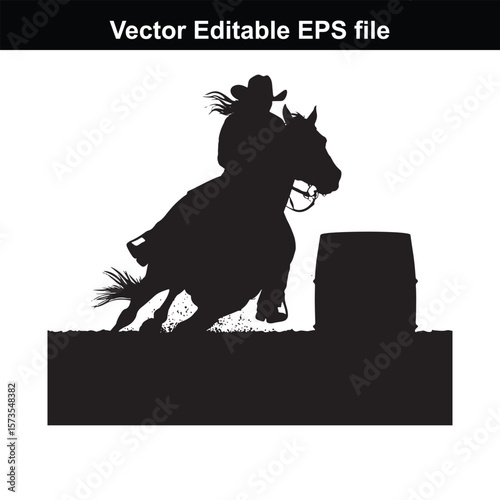 Silhouette of Barrel Racing Featuring a Horse and Rider Approaching a Barrel in an Equestrian Competition Scene